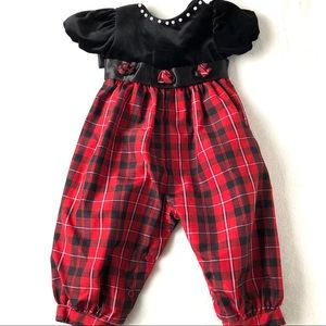 Black velvet Red plaid taffeta Pearl 12 mo jumper